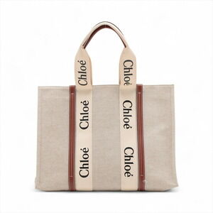 Chloe Woody Canvas Leather Tote Bag Beige Pink Tan Brown